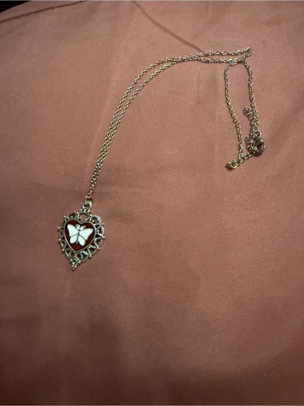 Heart Pendant Necklace with White Butterfly Accent - Women Jewelry